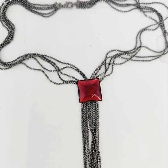 Vintage Gunmetal Ball Chain Multi Strand Y Drop Ruby Red Stone Goth Necklace - Picture 4 of 5